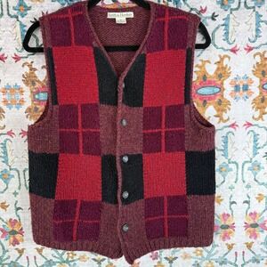 Smith & Hawken Wool‎ Blend Buffalo Plaid Button Front Sweater Vest Red Black M